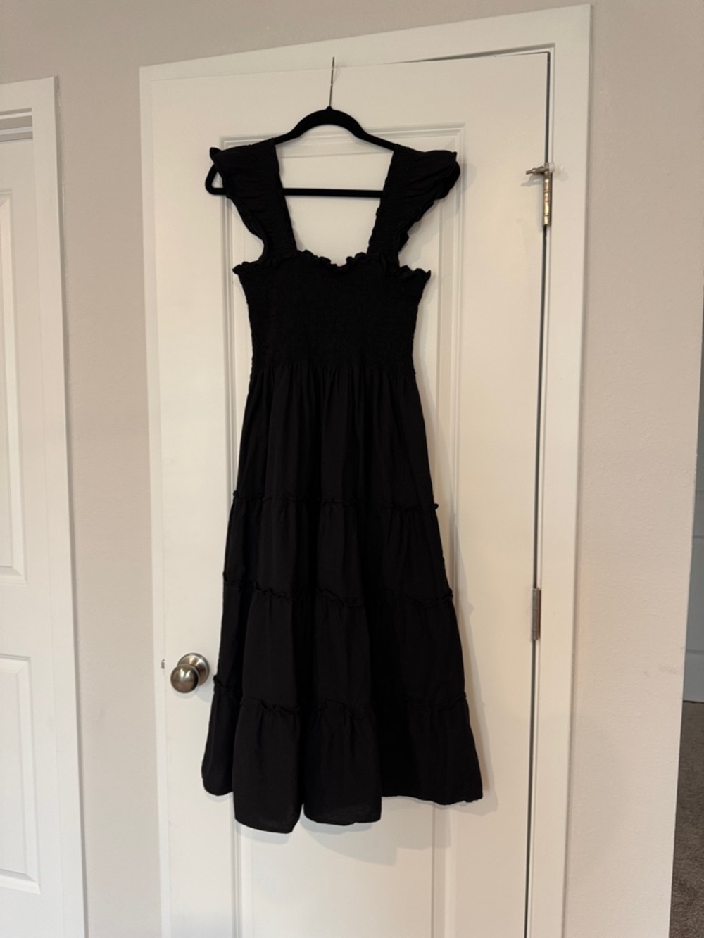 Black Smocked Tiered Midi Dress